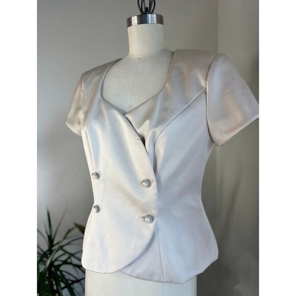 New Image Women's Large Blouse Champagne Satin Crystal Button Draped Vintage - Picture 1 of 4